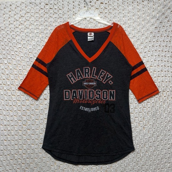 Harley-Davidson Tops - Harley Davidson Top Shirt Women Size L Black orange Motorcycle 3/4 Sleeve V Neck